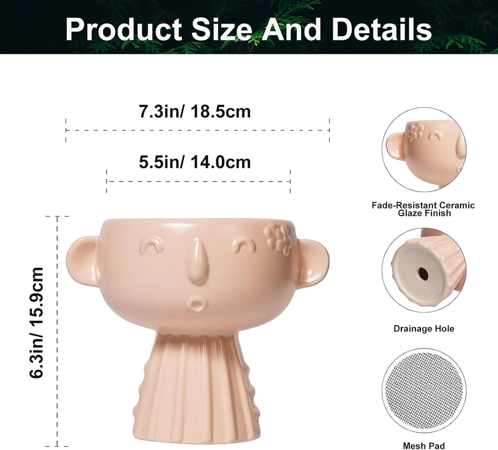 Face Flower Pots - 7 Inch Ceramic Pots for Plants Indoor Outdoor, Decorative Head Planter, Small Cute Succulent
