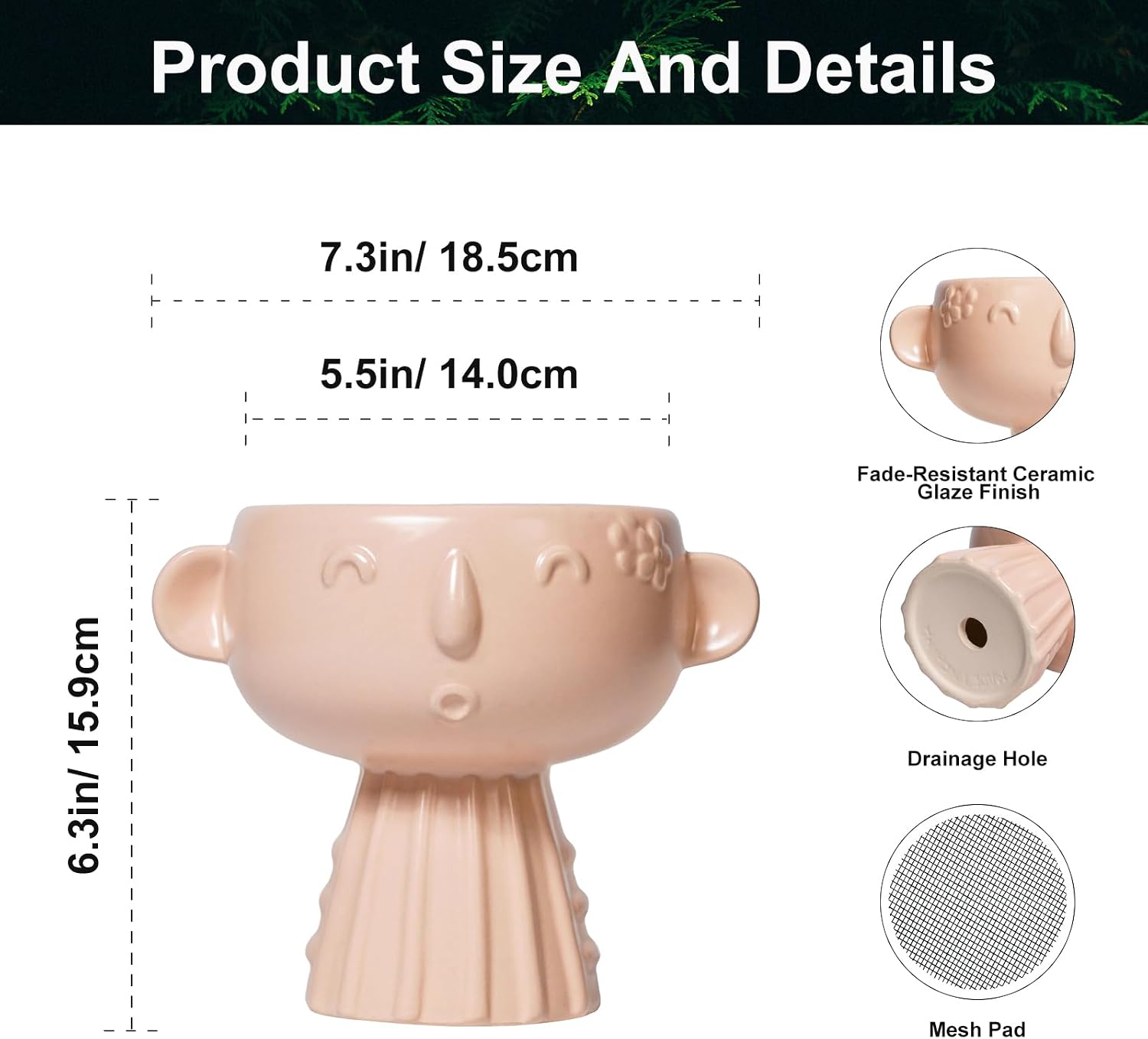 Face Flower Pots - 7 Inch Ceramic Pots for Plants Indoor Outdoor, Decorative Head Planter, Small Cute Succulent
