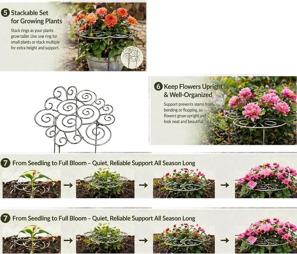 Metal Plant Support Ring, Heavy-Duty Peony & Dahlia Cages and Supports | Stackable Flower Support for Indoor & Outdoor