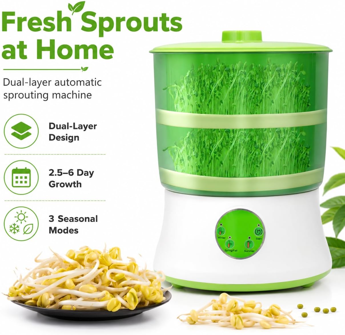 Bean Sprouts Machine, Seed Sprouter Kits, Automatic Sprouts Growing Kit 2 Layers, Auto Household Bean Seed Cereal