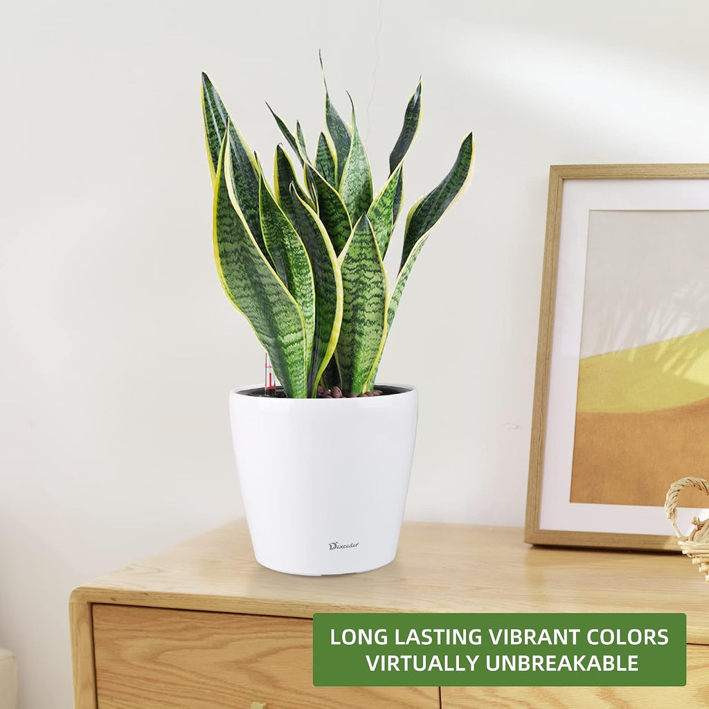 Dexceder 9x8 Self Watering Planter (White High Gloss) | Inner Pot Design, Thickened Table Flower Plant Pot with Water