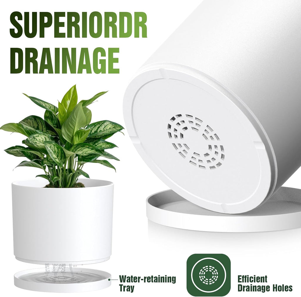 10/9/8 Inch Plant Pots 3 Pack, with Drainage Hole & Saucers | Cylindrical plastic planters with drainage holes &