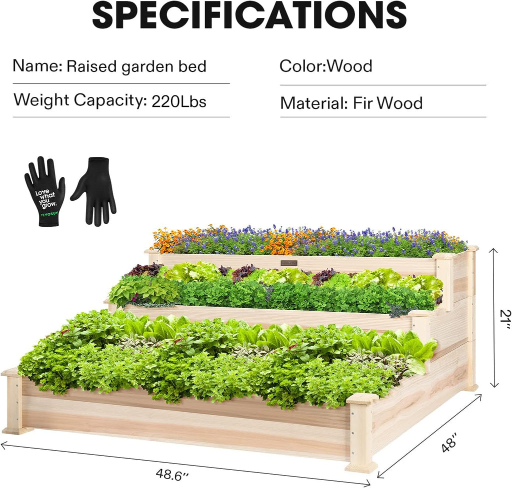 VIVOSUN 3-Tier Raised Garden Bed Outdoor Wood 48x48x21 Planter Box Kit | 2-in-1 Stack or Flat / 3 Depth Levels
