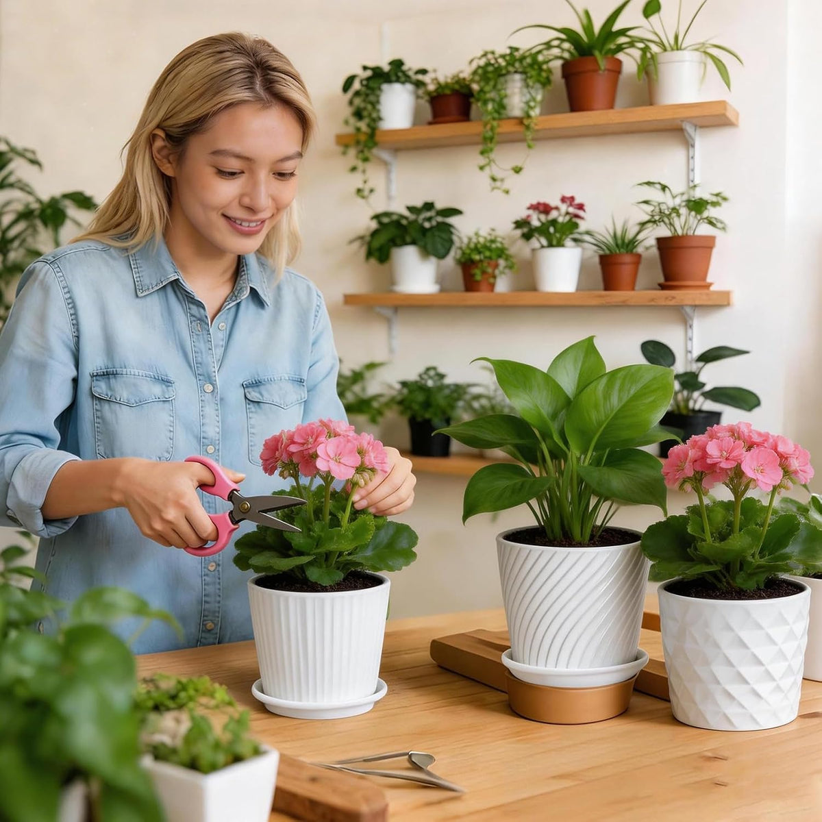 sietpoek 5.5” Ceramic Plant Pots with Drainage and Saucer 4PCs White | White Ceramic Flower Pots with Drainage Hole and
