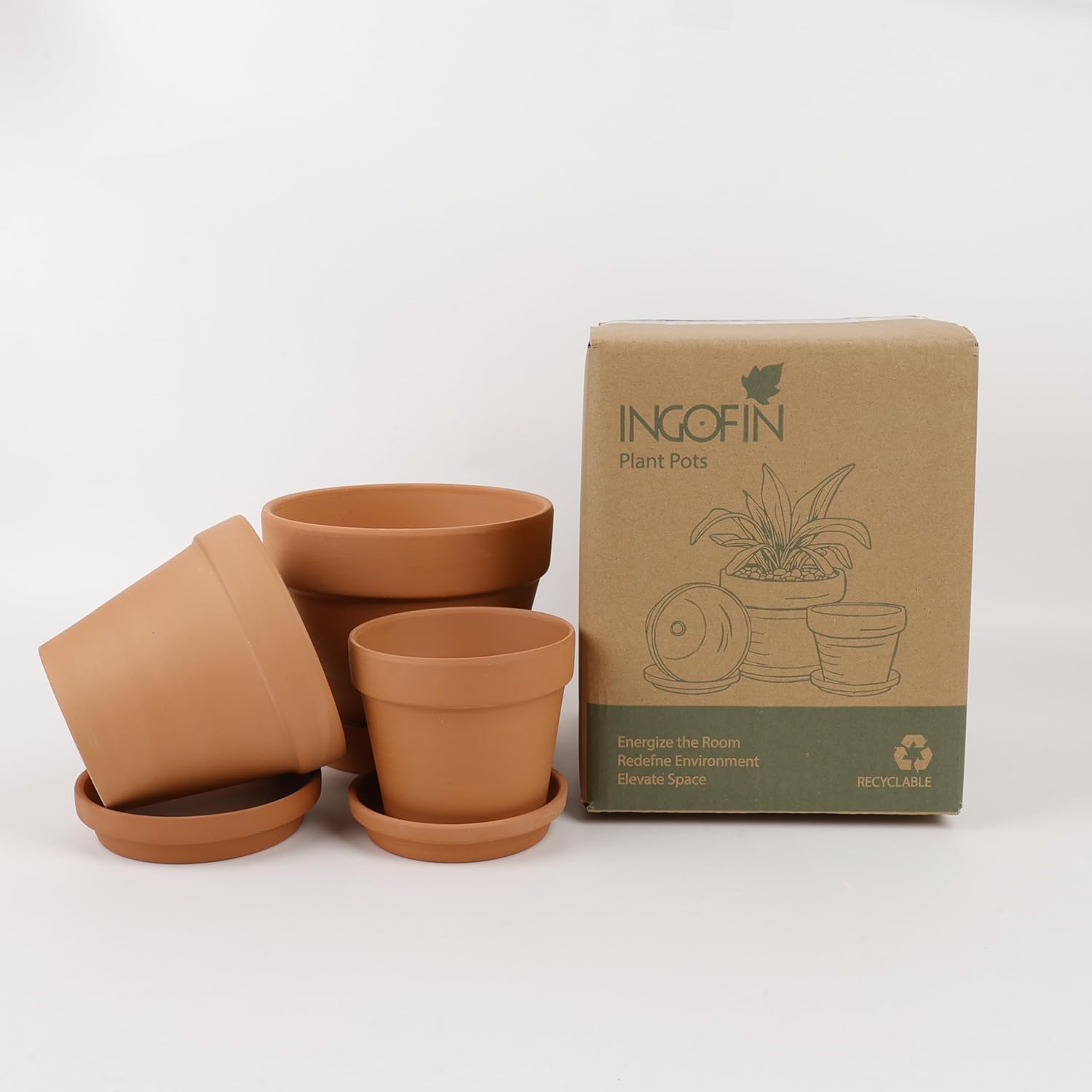 INGOFIN Terracotta Pots Set with Saucer - 5/6/7 inch Ceramic Clay Planters with Drainage Hole, Garden Flower Succulent