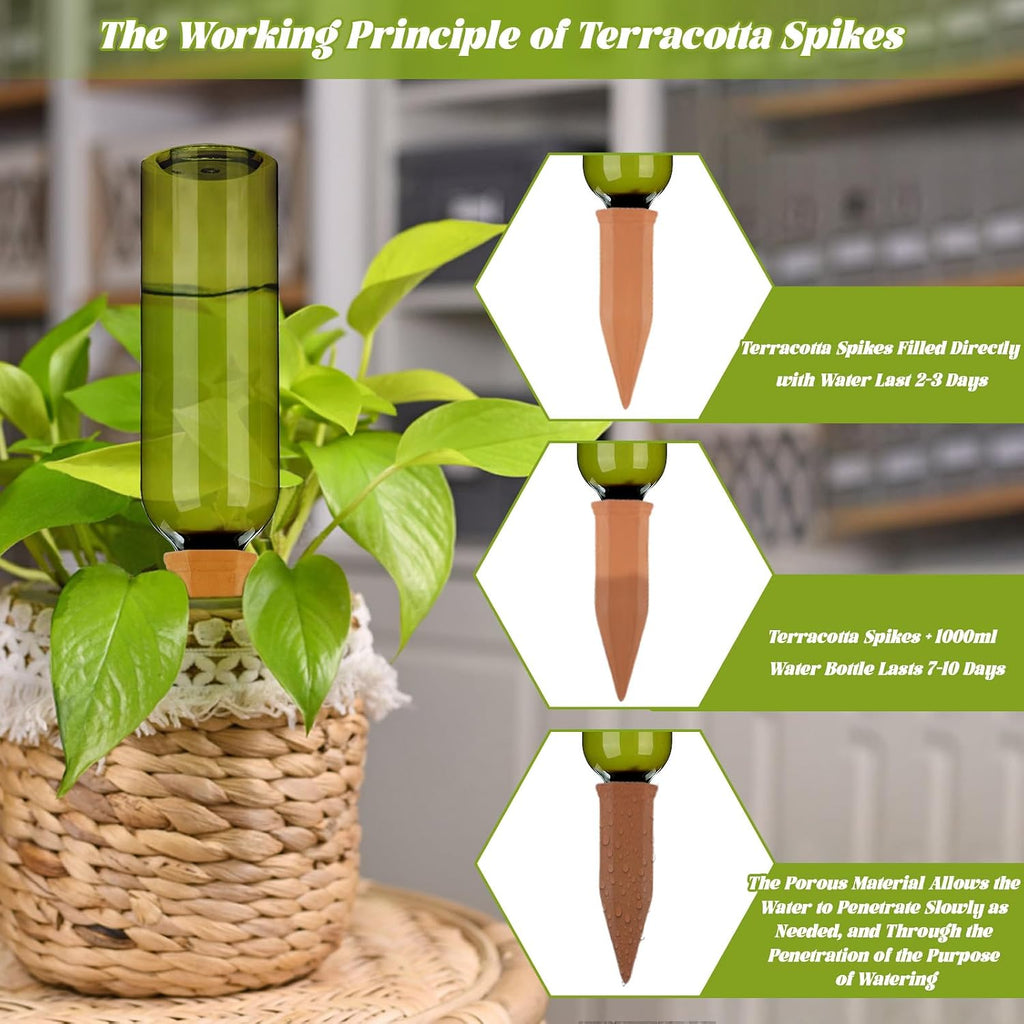 TINSKY 6 Sets Plant Watering Devices Terracotta Self Watering Spikes and 26 Oz Plastic Green Bottles Slow Release