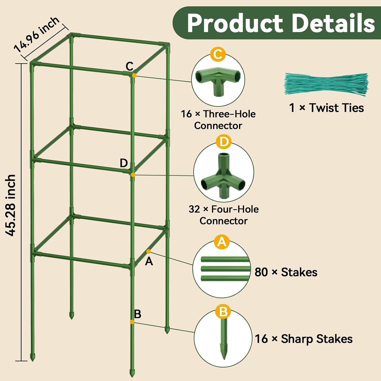 4 Pack 45" Tomato Cages for Garden, Heavy Duty Adjustable Plant Support | For Climbing Plants and Vegetables
