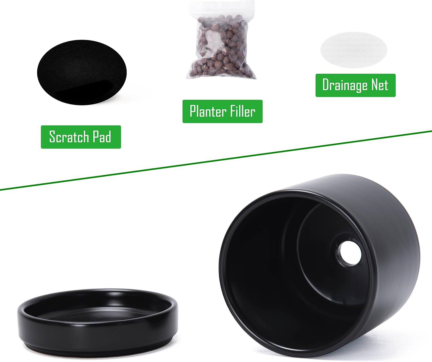 D'vine Dev 2-Pack Ceramic Pots & Saucers, Black, 3.5/4.7 in, 94-G-XS-2 | Glazed Ceramic, Drainage Hole, Perfect-Fit