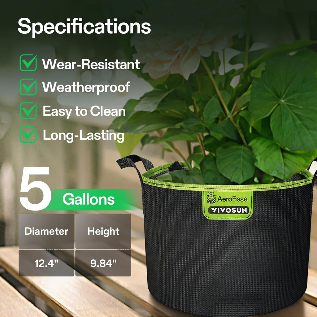 VIVOSUN 3-Pack 5 Gallon AeroBase Grow Bags with Breathable Base | Mesh Fabric, Air Cushion Base, Enhanced Root