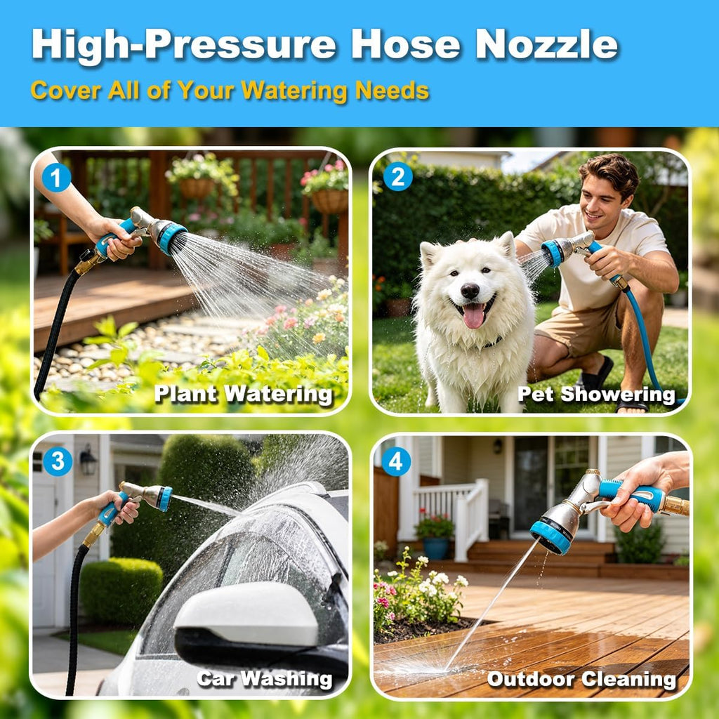 FANHAO Metal Garden Hose Nozzle Heavy Duty, 8 Spray Patterns, High Pressure | Comfortable Non-Slip Handle, Hands-Free