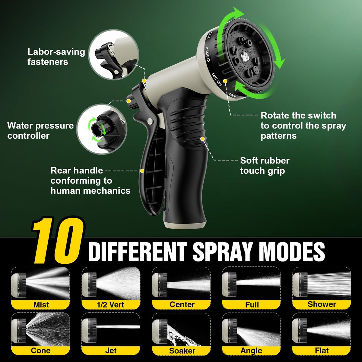 Garden Hose 100 ft Non-Expandable, Flexible Water Hose, Lightweight Hose with 10-Function Nozzle for Yard, Portable