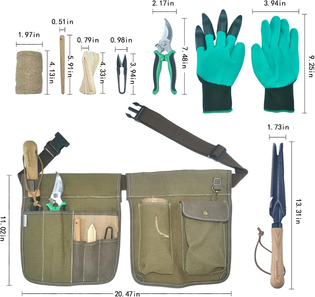 Gardenwind 14Pcs Gardening Tools for Men Gardening Hand Tools with Weeder, Scale, Sawtooth, Cut Rope, Waist Bag,Heavy