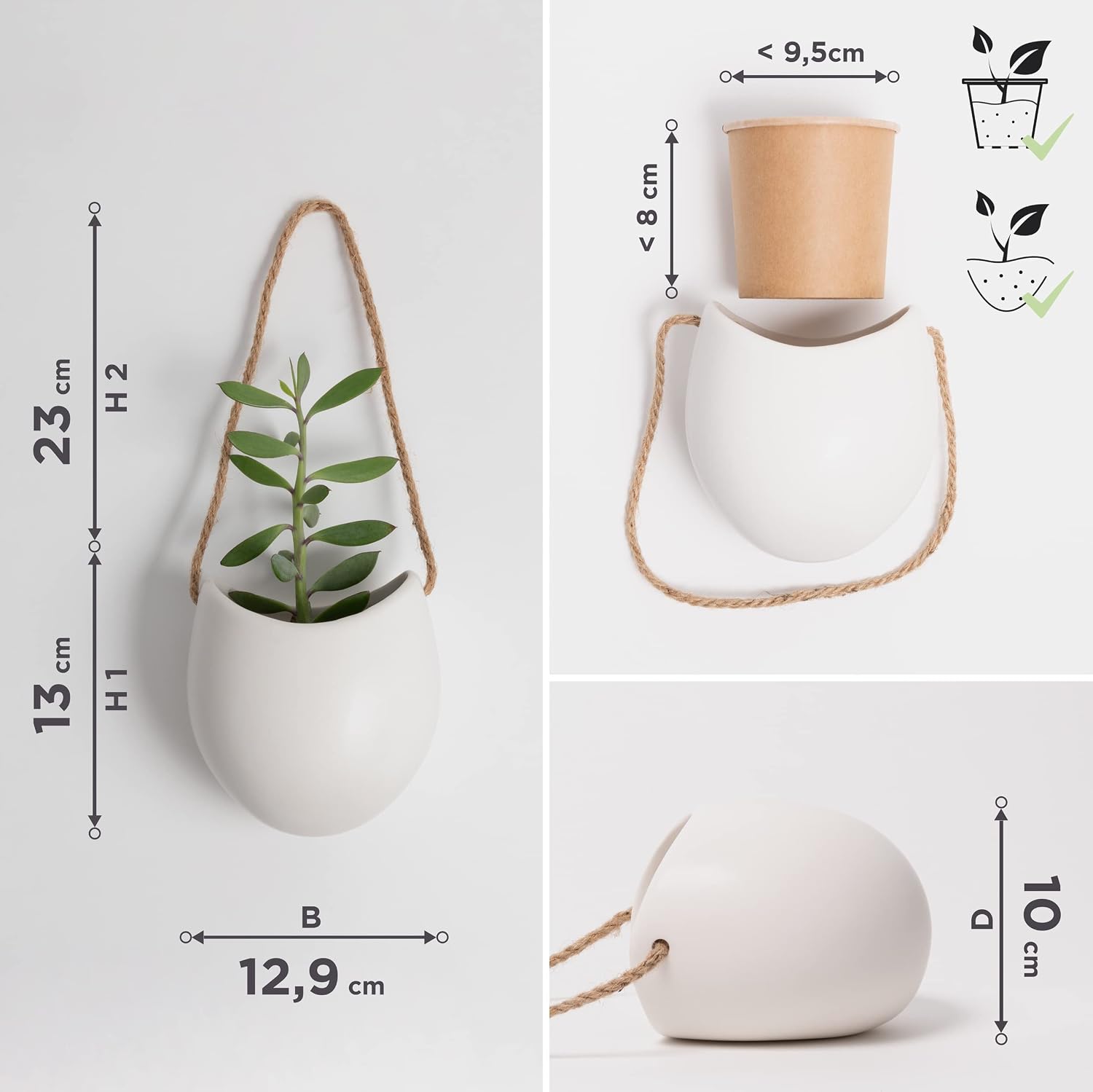 Kazai. Wall Planters -Ellie- | Hanging Ceramic Plant Pots 3 Pieces | Wall Decoration for Indoors, Balcony and Garden