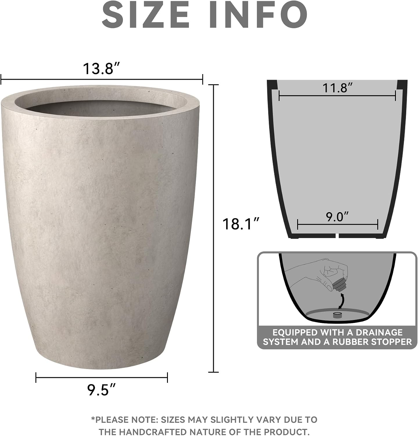 Kante Small Round Tapered Weathered Concrete Planter 18.1" Tall, Outdoor | Rubber Plug for Indoor, Drainage for Garden