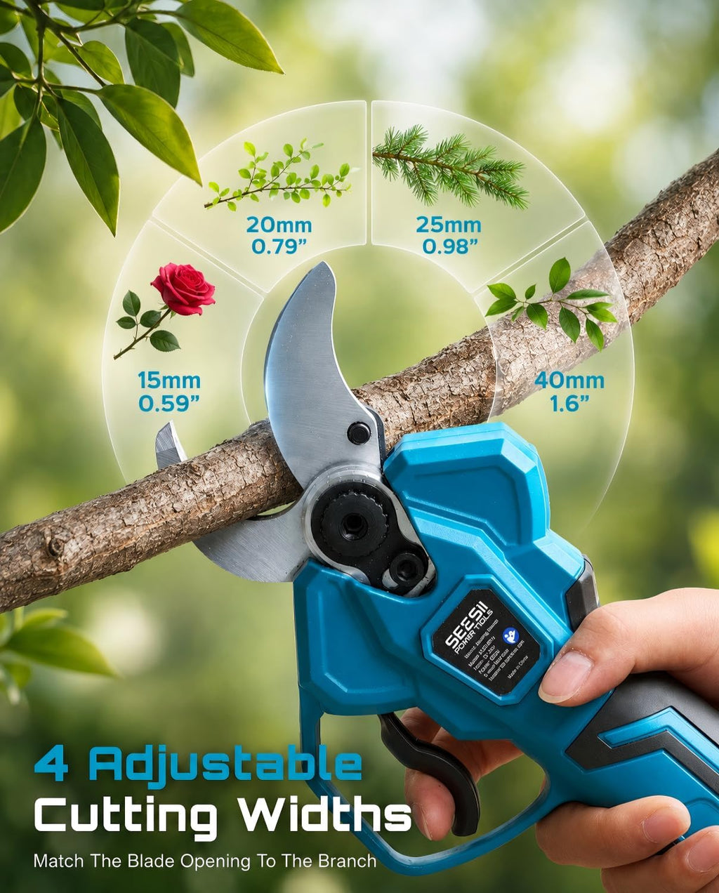 SEESII Electric Pruning Shears, 1.6" Cut Cordless Pruner, 2x4.0Ah Batteries | Brushless Motor, SK5 Blade, LCD Display