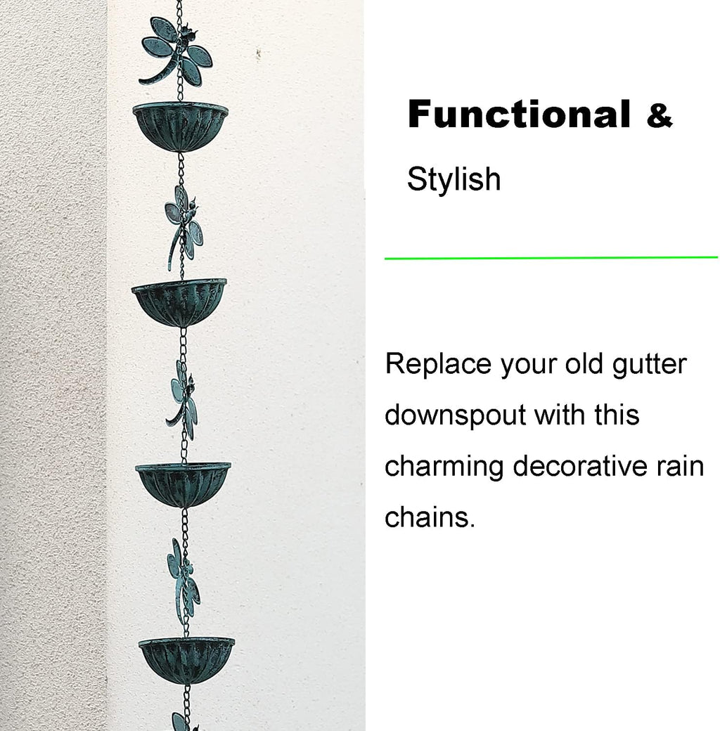Iron Dragonfly Rain Chain for Gutters, 8.5-Feet Length, Distressed Blue