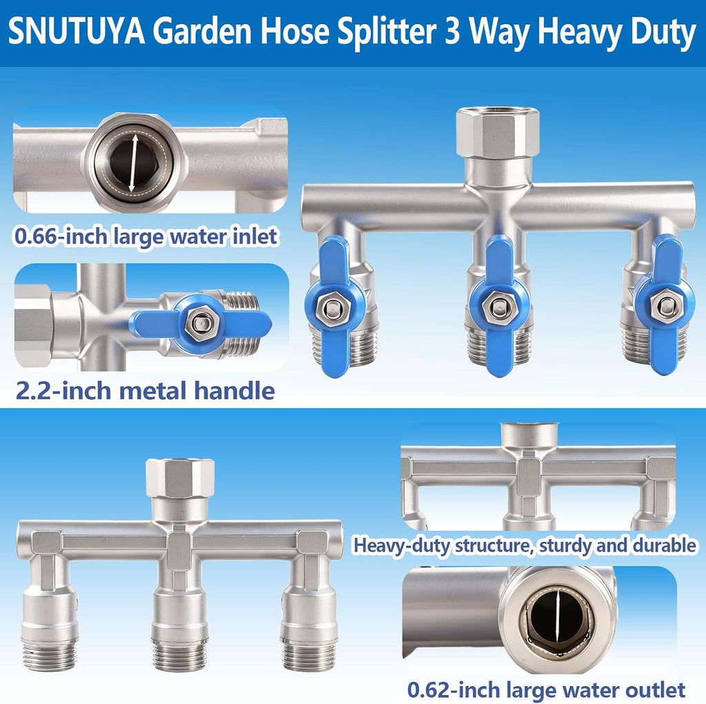 304 Stainless Steel Garden Hose Splitter 3 Way Heavy Duty, Full Flow T Valve Water Hose Splitter With 2.1" Extra Long