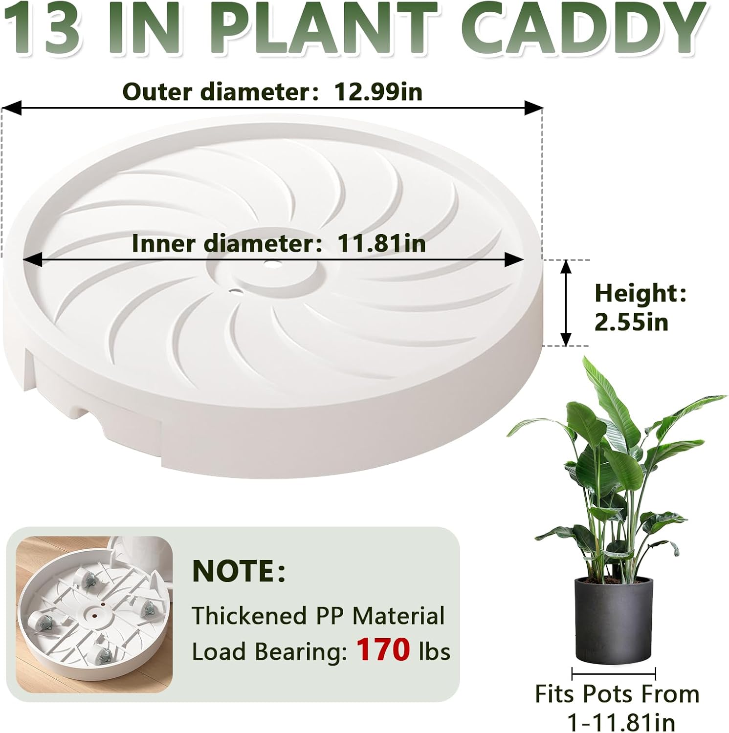 MCleanPin 2 Pack Plant Caddy with Hidden Wheels, 13" Heavy Duty Rolling Plant Stand with Removable Drainage Tray and
