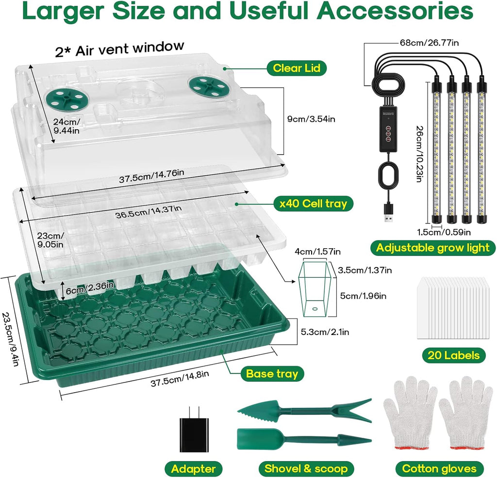 Seed Starter Tray with Grow Light, Humidity Dome, 2 Pack 80 Cells | Seedling Tray Kit with Vented Dome & Drainage