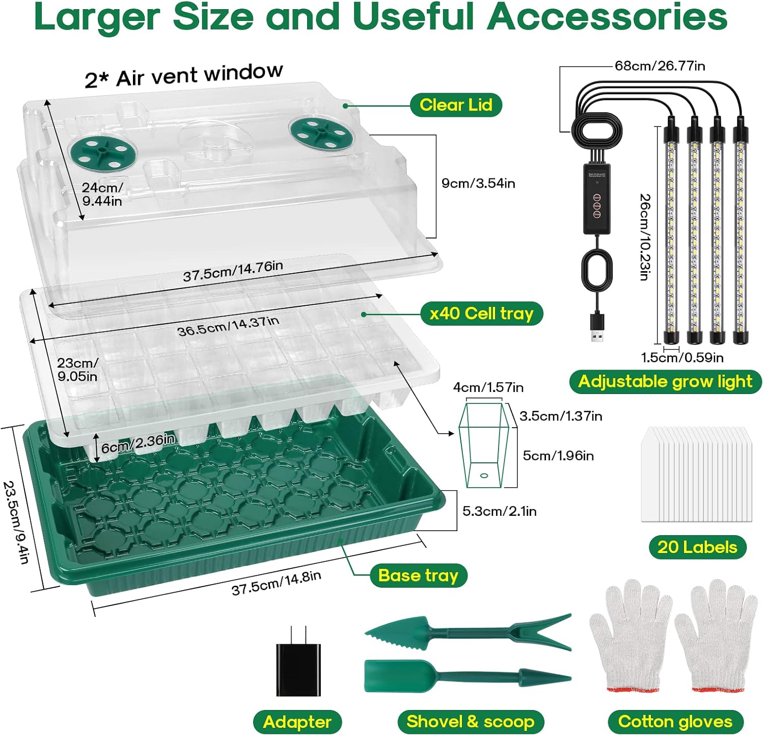 Seed Starter Tray with Grow Light, Humidity Dome, 2 Pack 80 Cells | Seedling Tray Kit with Vented Dome & Drainage