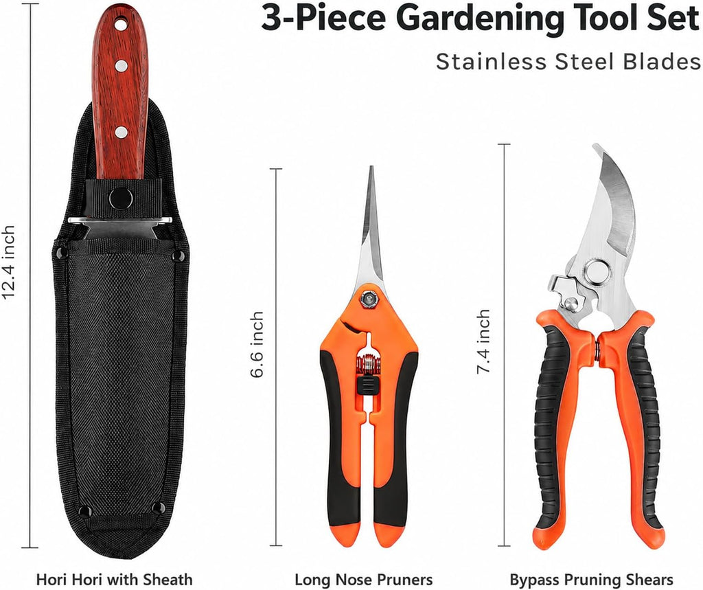 Puctsone 3PCS Gardening Knife Set, Garden Weeding Tool | Hori Hori Knife with Sheath, Bypass Pruning Shears & Long Nose