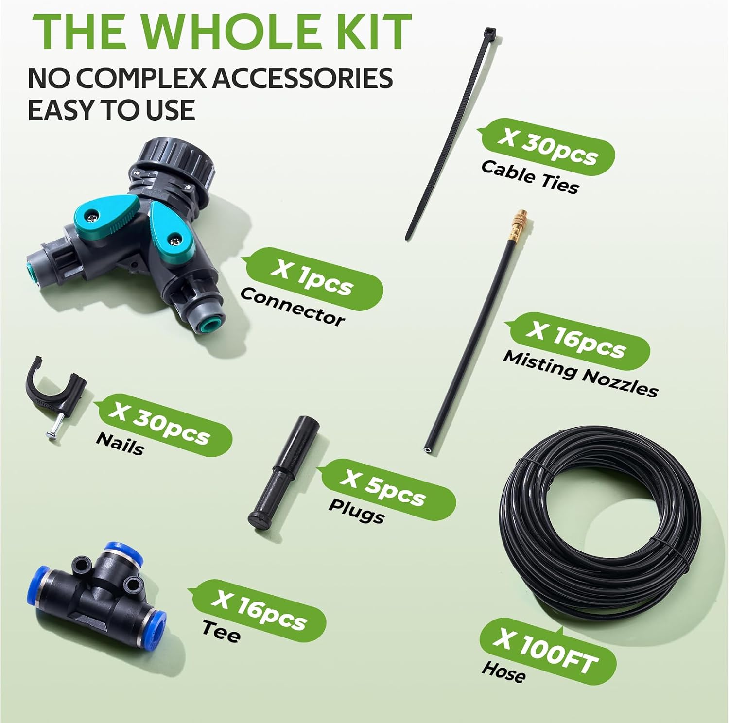 HIRALIY 100FT Misting Irrigation Kit | Quick-connect watering system with 16 adjustable 360° mist nozzles for raised