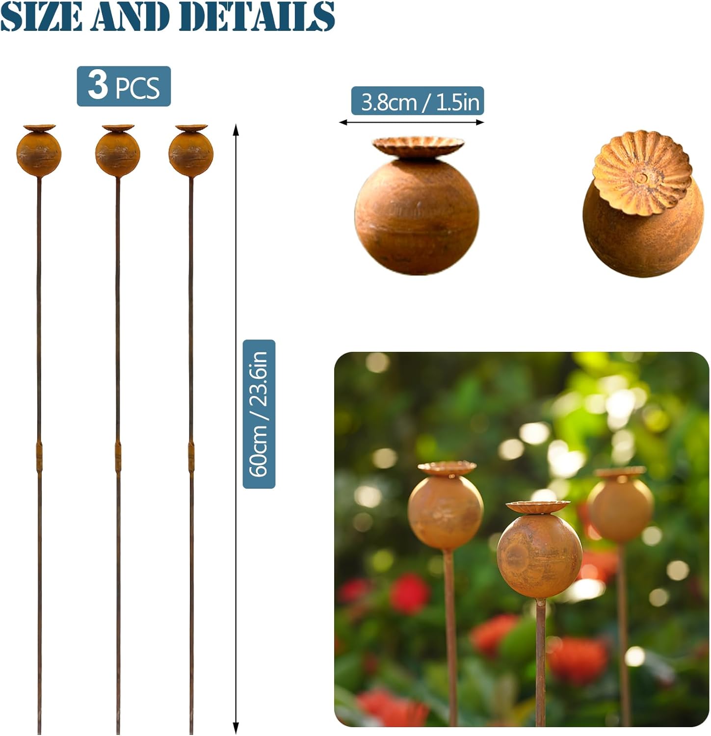 Metal Flowers 3PCS - 24inch Metal Garden Stakes Decorative Yard Art | Rusty Metal Flowers for Outside Lawn Flower Bed