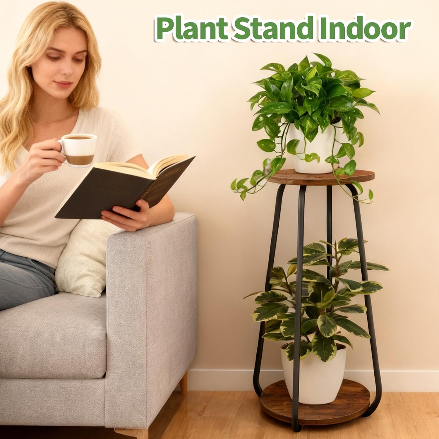 Plant Stand Indoor, 2 Tier Metal Wood Plant Shelf for Living Room | Round Plant Pedestal Stands Saves Space Flower