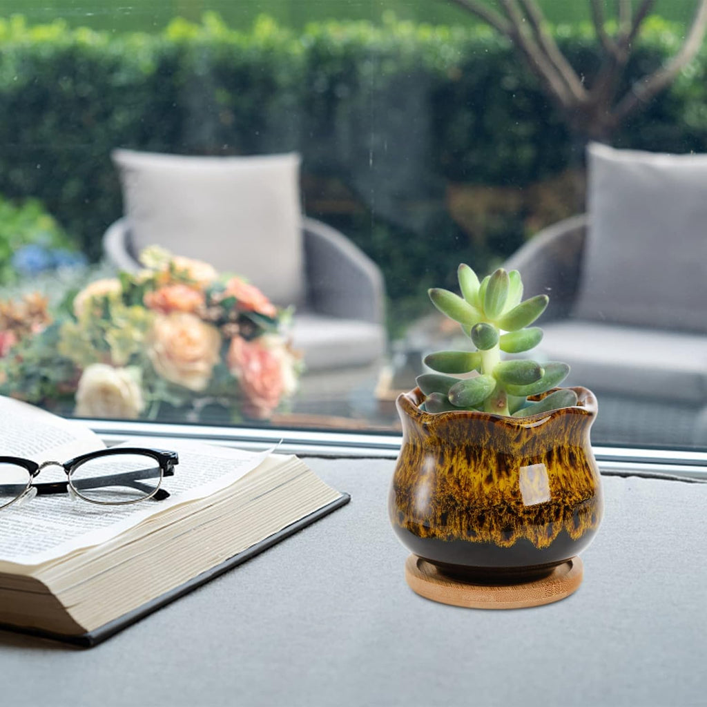 TOPZEA Set of 6 Succulent Plant Pots, 4 Inch Glazed Ceramic Cute Plant Pots with Drainage and Saucer, Mini Bonsai