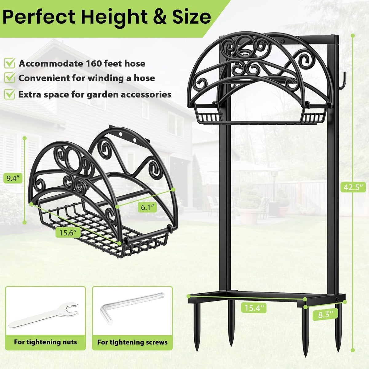 TomCare Garden Hose Holder, 4 Spikes Water Hose Hanger for 160FT Hose | Heavy Duty Metal Frame, 250 lbs Load Capacity