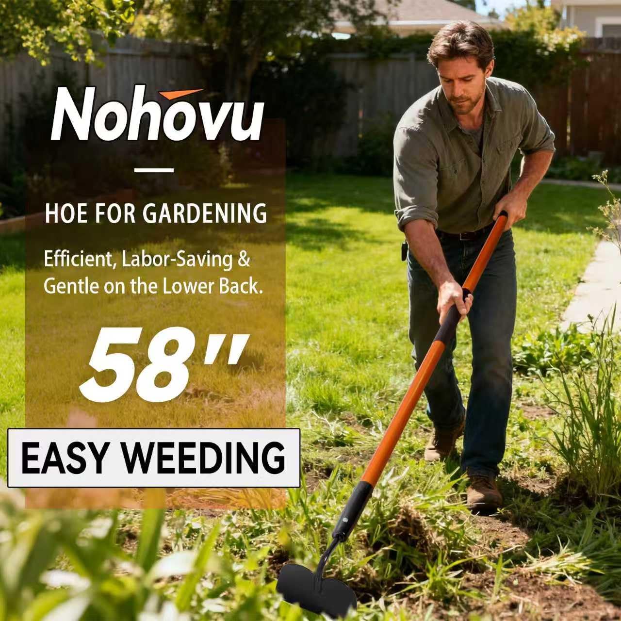 Nohovu Garden Hoe Tool, 58 Inches Hoe Garden Tool with Fiberglass Long Handle, Heavy Duty Garden Hoe for Weeding