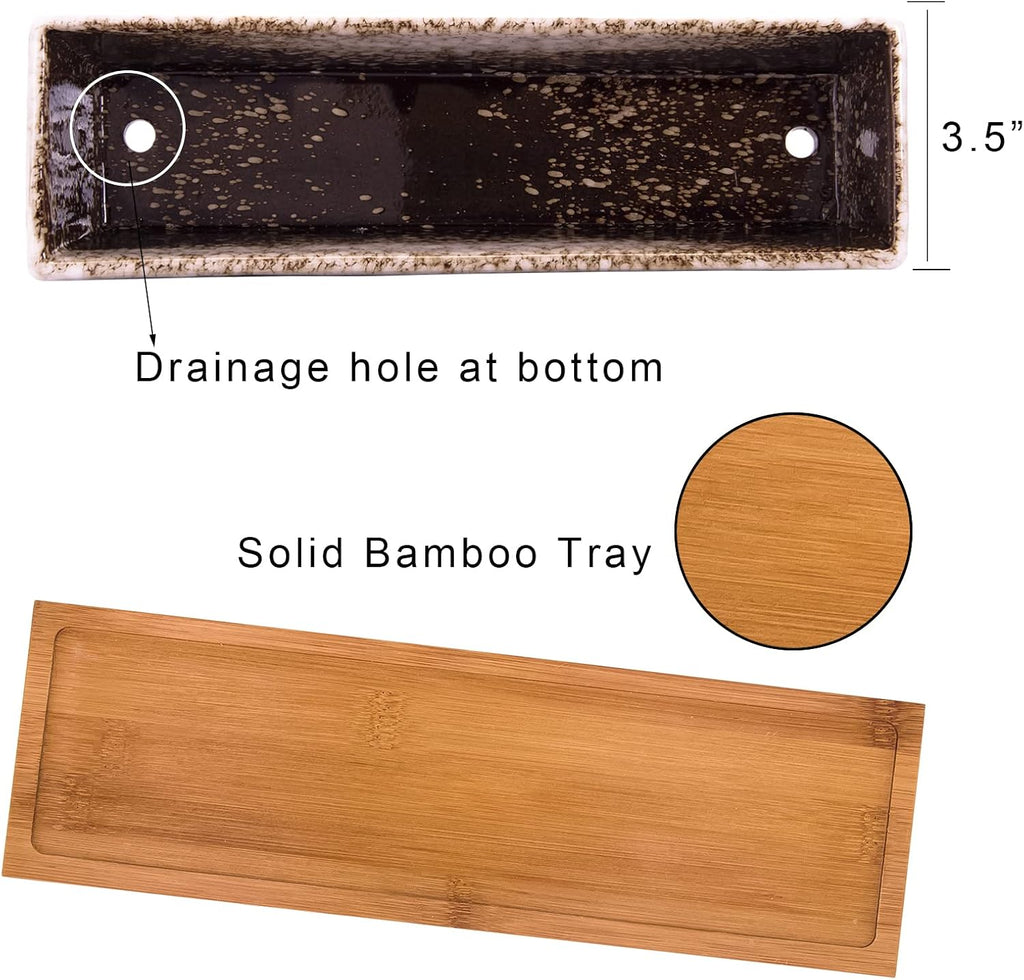 Succulent Pots - Large Succulent Planter Pots with Drainage, 12 Inch Long Rectangle Bonsai Pot with Bamboo Tray Shallow