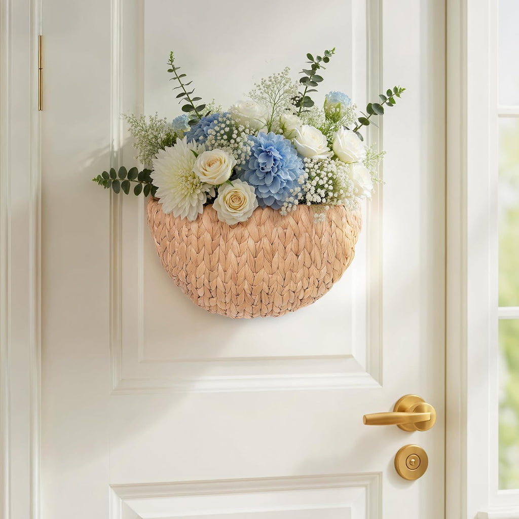 iEGrow Wicker Wall Basket, Scalloped Wall Basket Natural Water Hyacinth, Hanging Baskets for Organizing and Decor