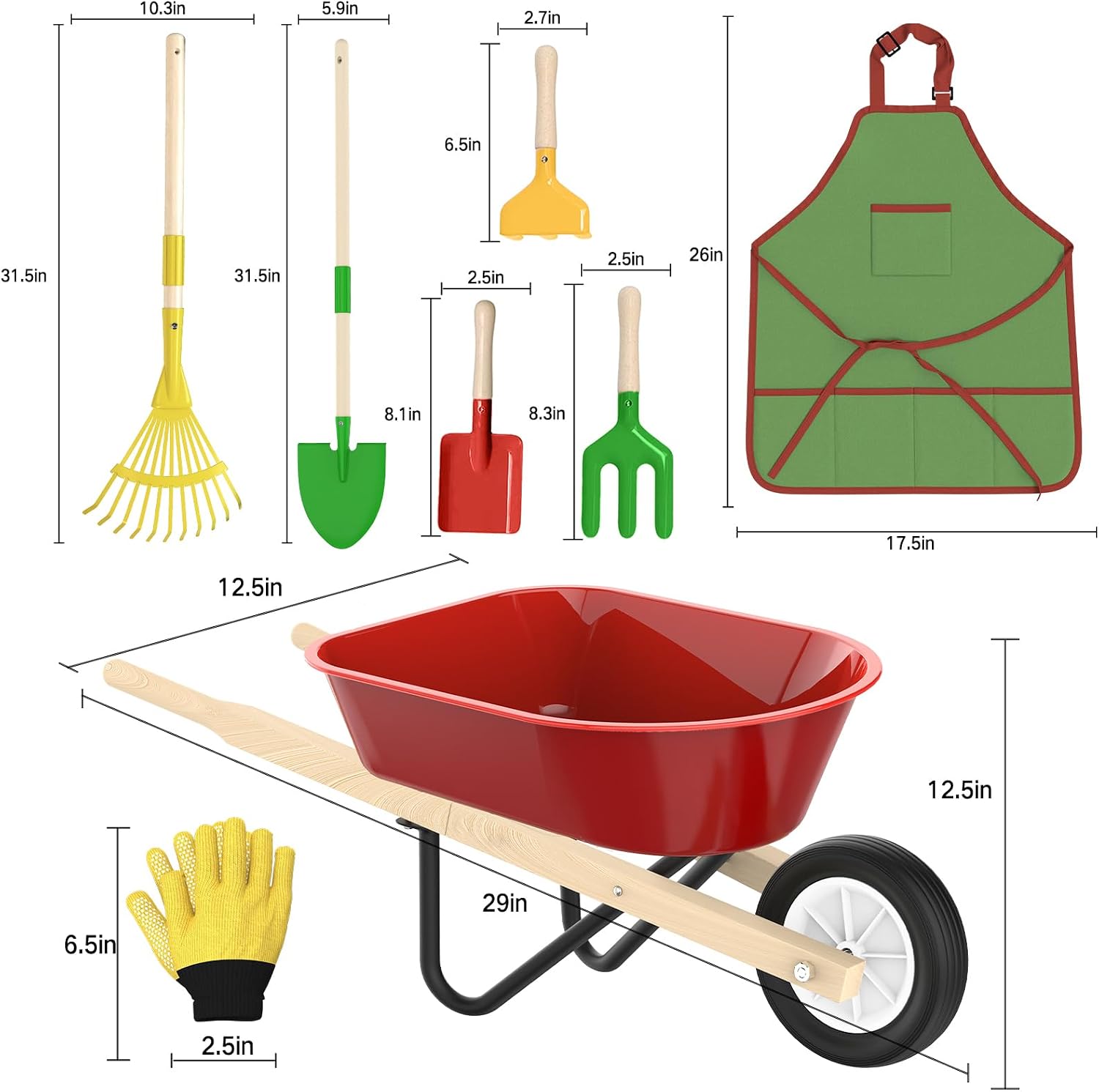 Qtioucp Kids Gardening Wheelbarrow Set, Metal & Wooden Garden Tools for Kids Ages 3-8, Real Wheelbarrows with Apron
