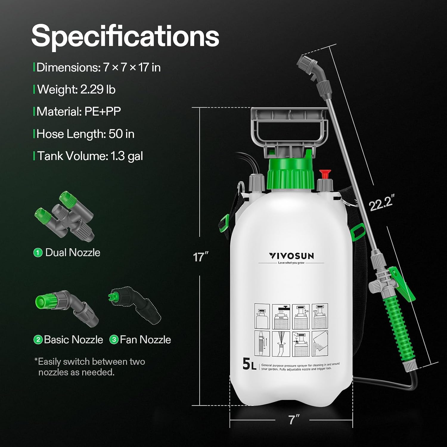 VIVOSUN 1.35 Gal/5L Pump Sprayer, Garden Water Sprayer | for Plants, Weeds & Lawn Care, with 3 Nozzles, 50'' Long Hose