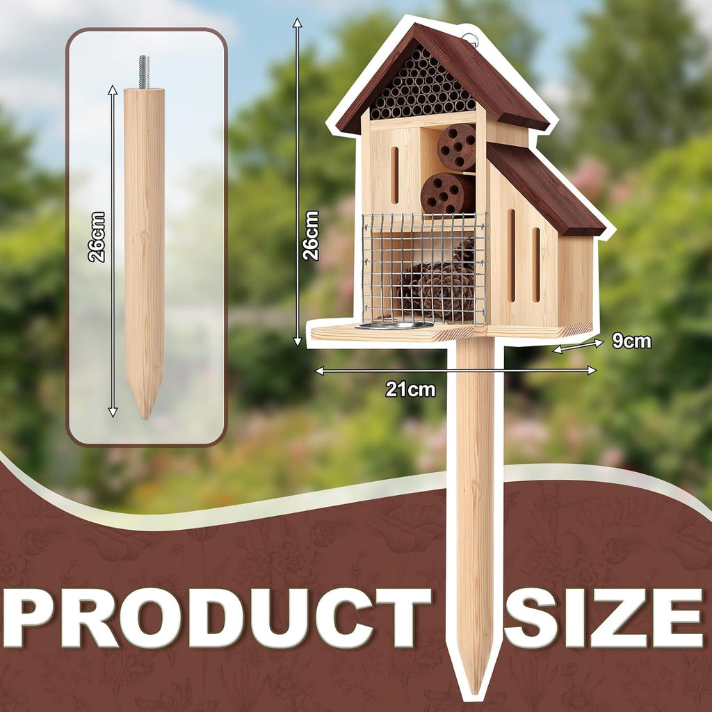 Wooden Insect Hotel Bee Ladybugs Butterfly House Large Natural Mason Bee Lady Bug Hotel with Stake and Feeder for