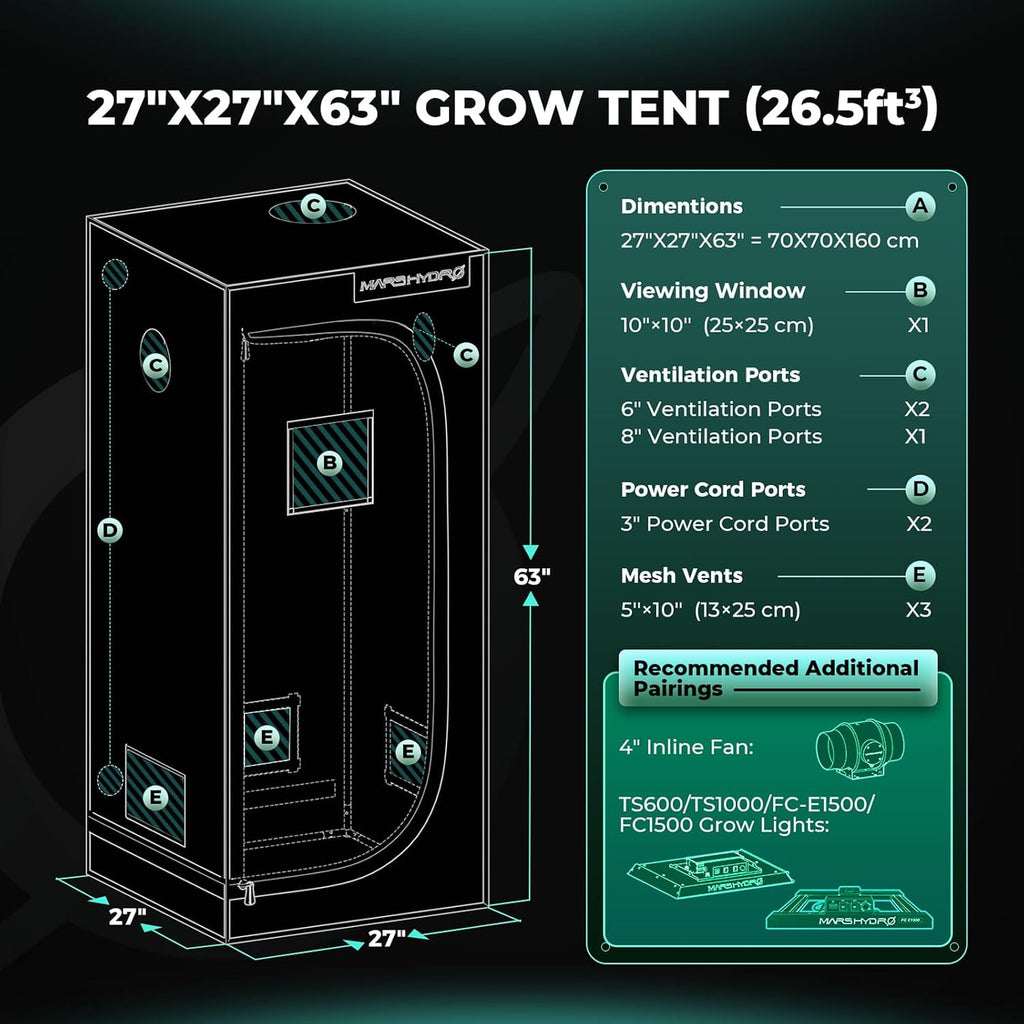 MARS HYDRO 2.3x2.3 Advanced Grow Tent, 27"x27"x63" High Reflective Mylar 1680D for Hydroponics Indoor Plant Growing