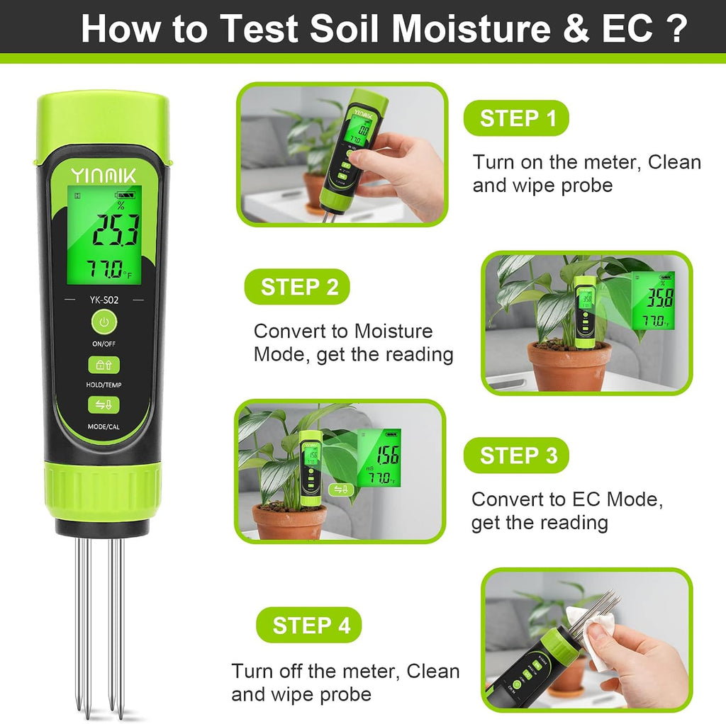Digital Soil Moisture Meter,Direct Soil EC Meter,3 in 1 Soil Hygrometer EC Indoor Plant Soil Moisture Meter for