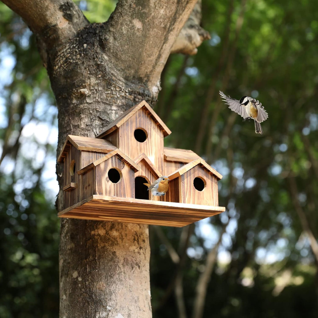 Bird Houses for Outside Hanging,6 Hole Wooden Bird Houses Largel Bird House for Backyard/Courtyard/Patio Decor