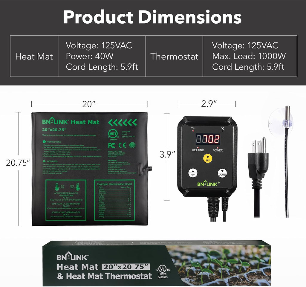 BN-LINK 20" x 20.75" Seedling Heat Mat with Thermostat Controller Combo Set | Plant Heating pad for Seed Starting with