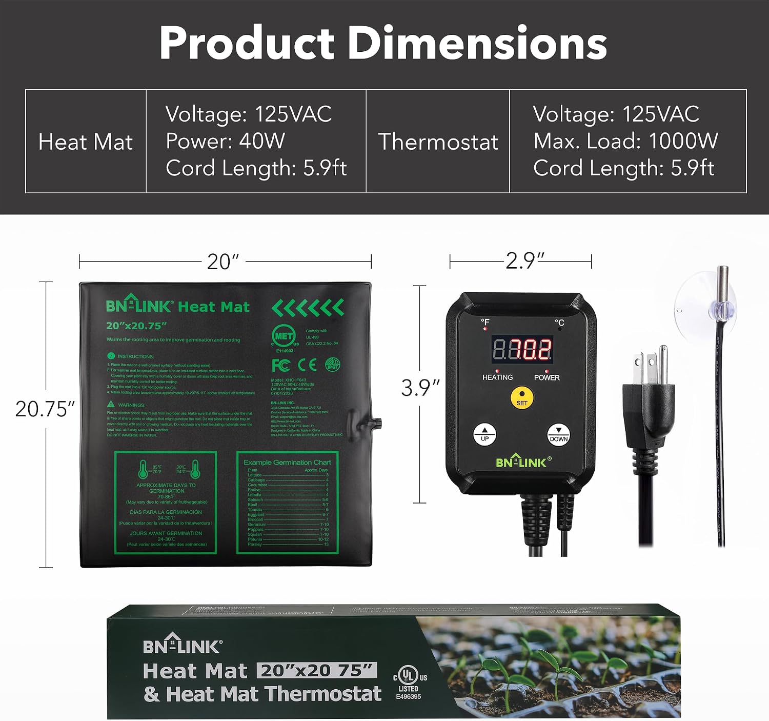 BN-LINK 20" x 20.75" Seedling Heat Mat with Thermostat Controller Combo Set | Plant Heating pad for Seed Starting with