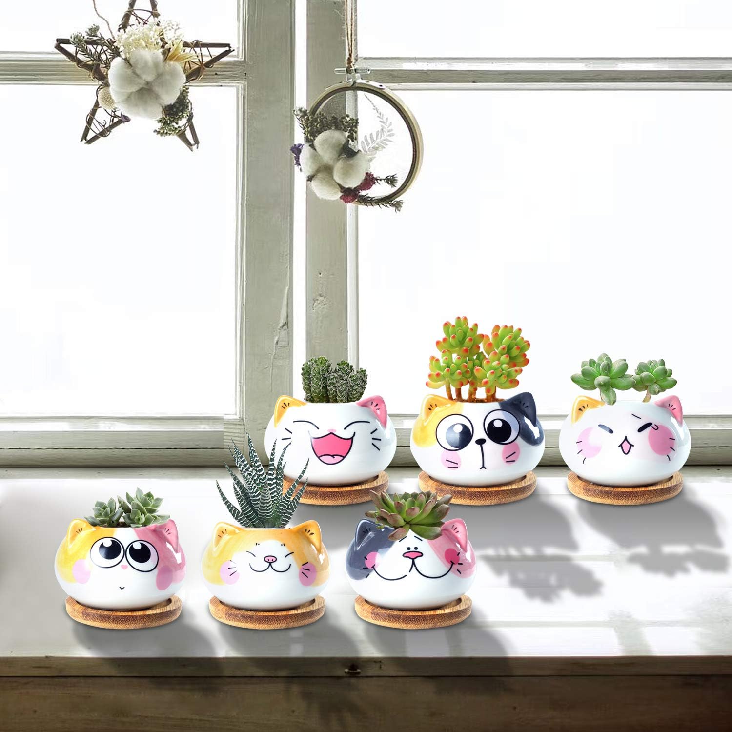 3.6Inch Cat Pot for Plant, Cat Planter Succulent Pot with Drainage Set of 6 | Tiny Animal Planter, Small Ceramic Air