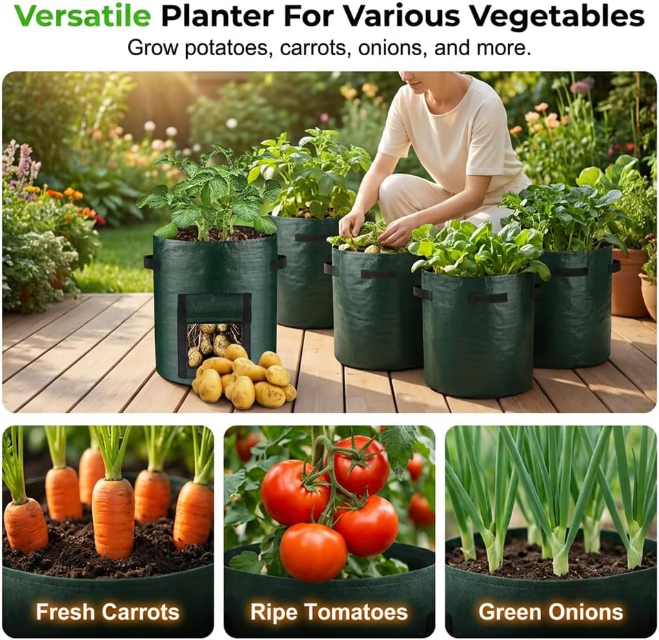 Potato Grow Bag Heavy Duty Thickened Non-Woven Fabric Grow Bags with Harvest Flap – Green Plant Pots for Vegetables