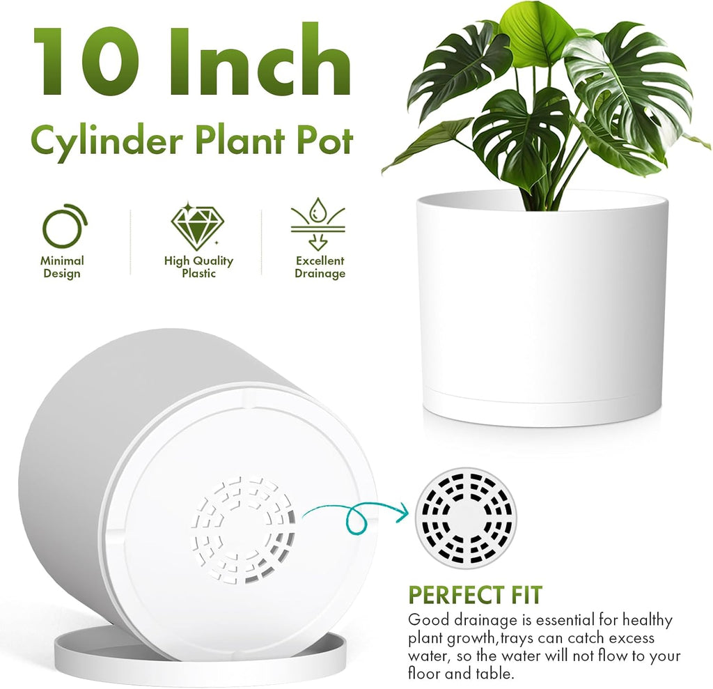 10 Inch Round Plastic Plant Pot with Drainage Holes and Saucer, Wide Flower Pots for Indoor & Outdoor Plants– 7.9" Tall