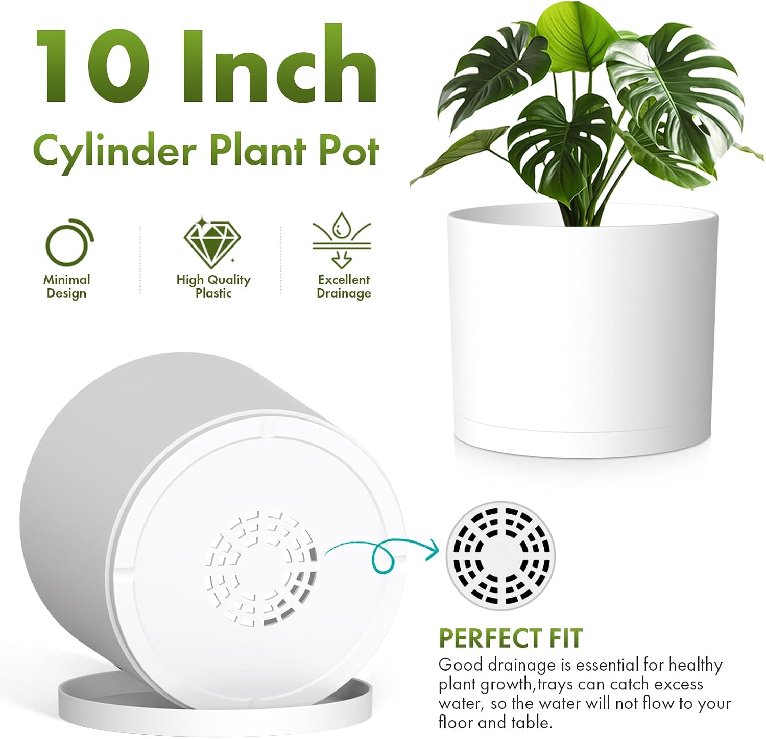 10 Inch Round Plastic Plant Pot with Drainage Holes and Saucer, Wide Flower Pots for Indoor & Outdoor Plants– 7.9" Tall