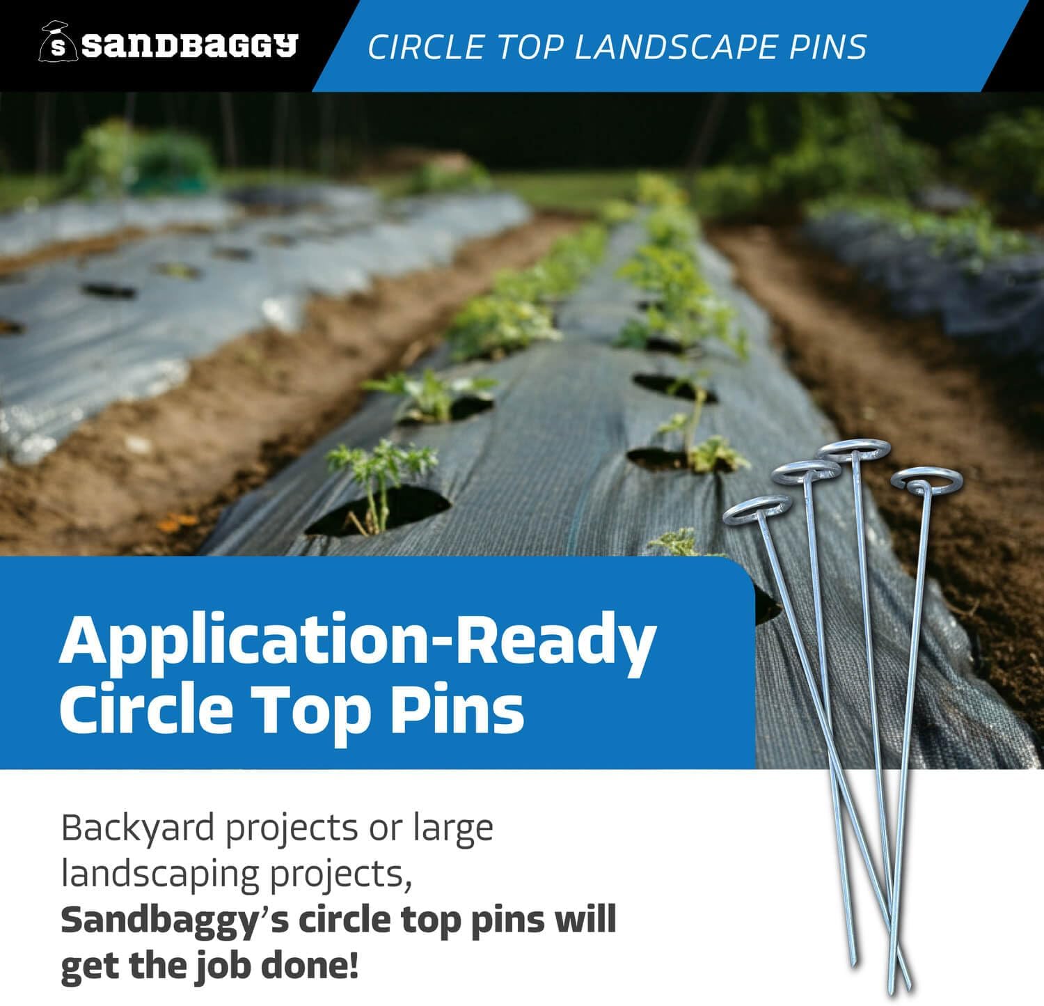 Sandbaggy 12 Inch Rust-Free Circle Top Pins | Industrial Grade 8 Gauge Galvanized Steel | Great for Hard & Rocky Soil