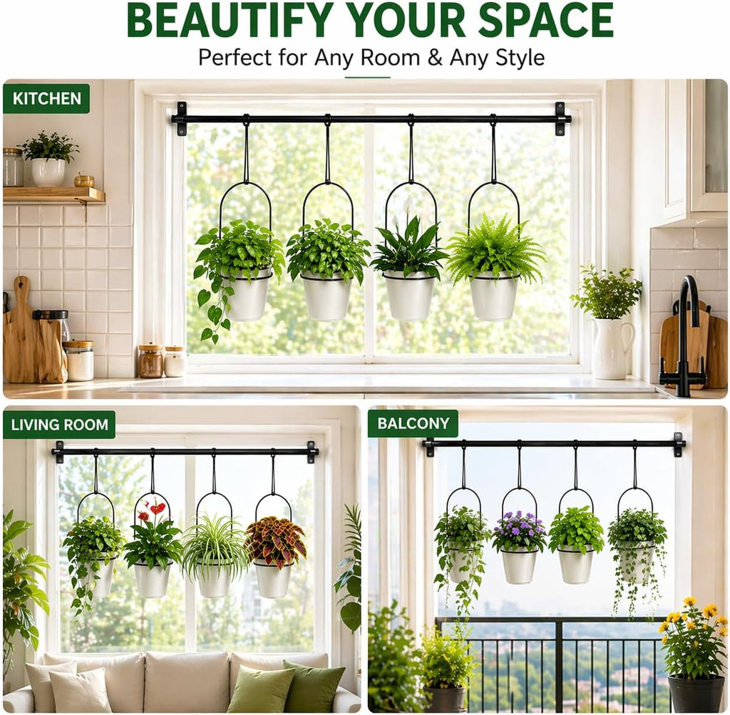 Adjustable Hanging Window Planter with 4 Pots, Space Saving Indoor Herb Garden Plant Hanger, Metal Vertical Plant Rack