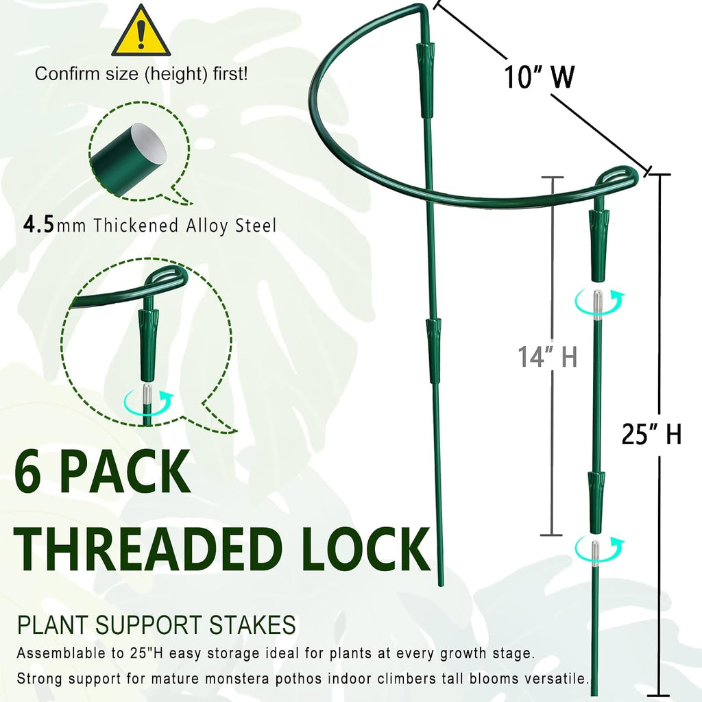 6 Pack Threaded Lock Metal Plant Support Stakes - 25" H Tall Peony Cage, Reusable Detachable Garden Ring for