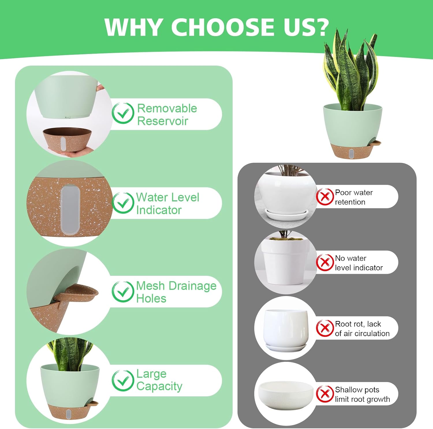 Self Watering Planter for Indoor Plants, 12" 10" 9" 8" Plastic Large Flower Pot Set with Water Level Indicator Deep