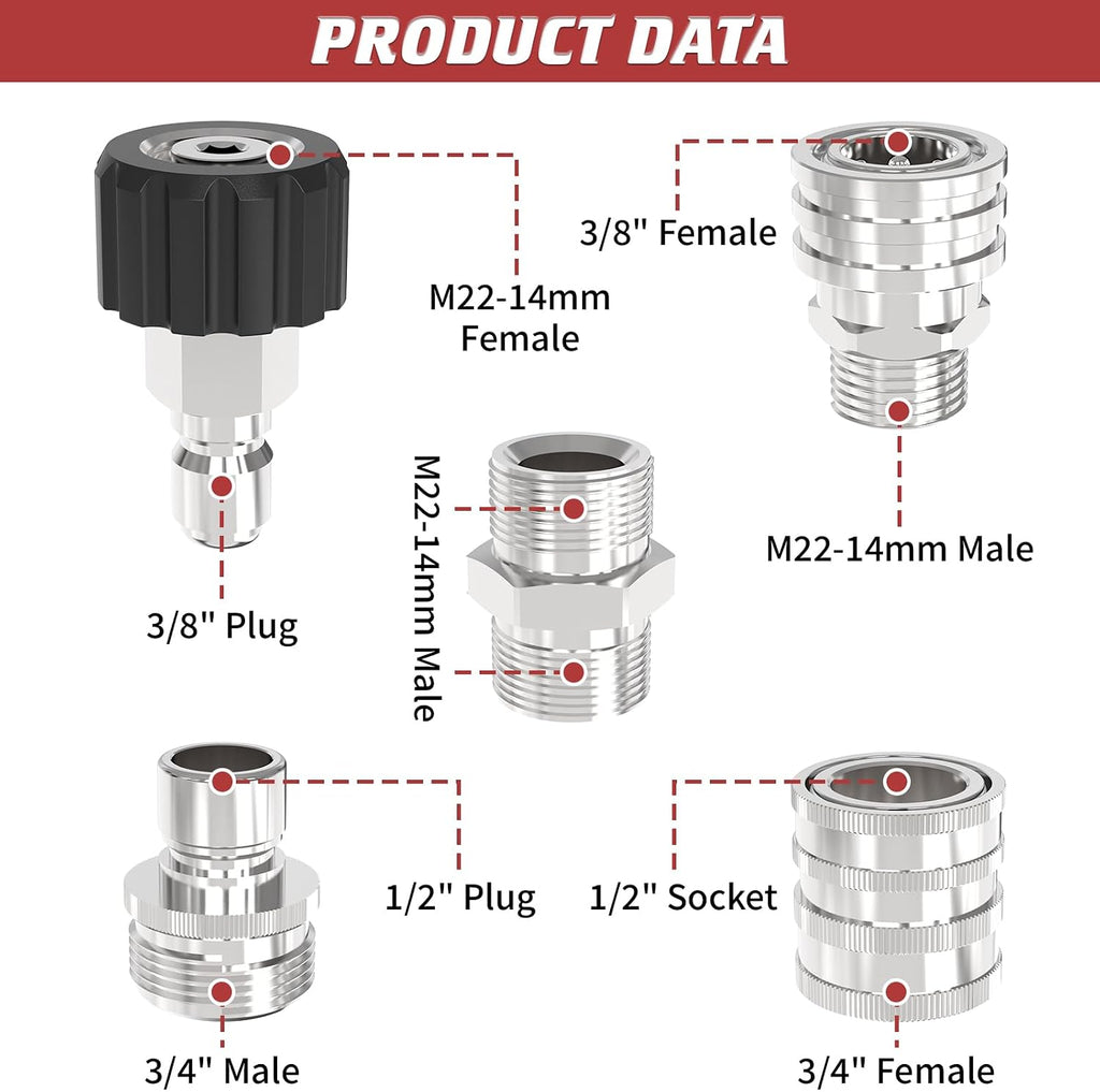 3/8" Pressure Washer Quick Connect Kit, M22-14mm Swivel Fitting | 3/8" Adapter Set, Stainless Steel 3/4" to M22 to 3/8"
